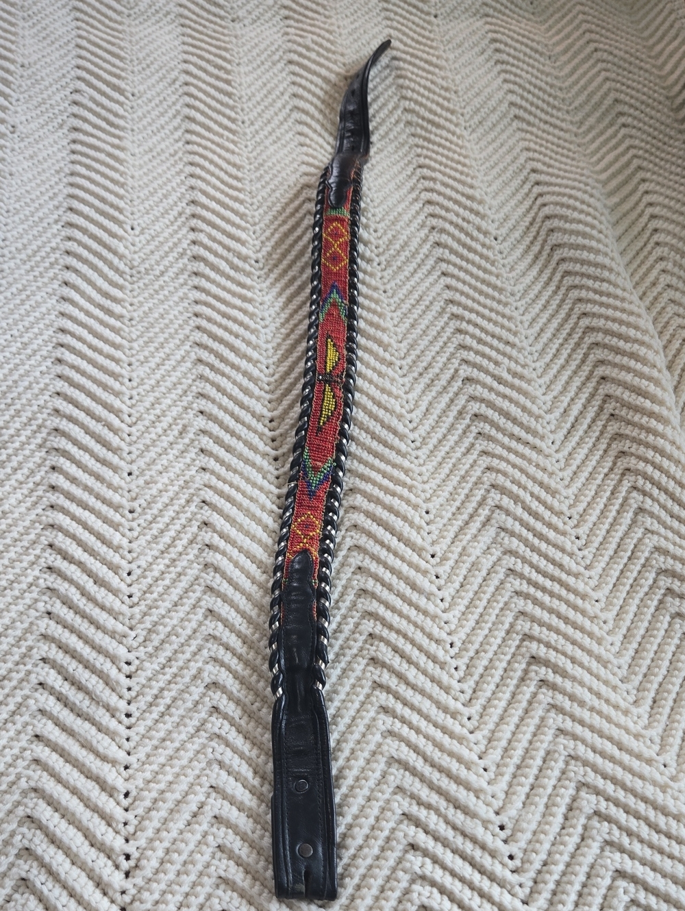 Vtg Handwoven Beaded Leather Thunderbird  Belt - Red & Black